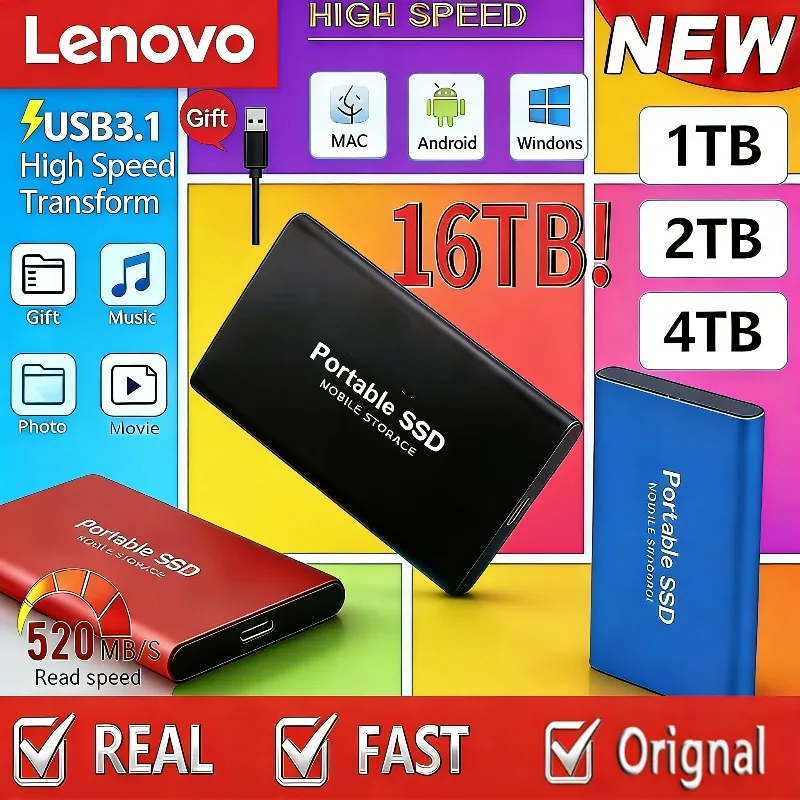 

Внешний мобильный накопитель Lenovo 16 ТБ большой емкости, бесшумный, SSD, USB 3.2 Type-C, высокоскоростной твердотельный диск