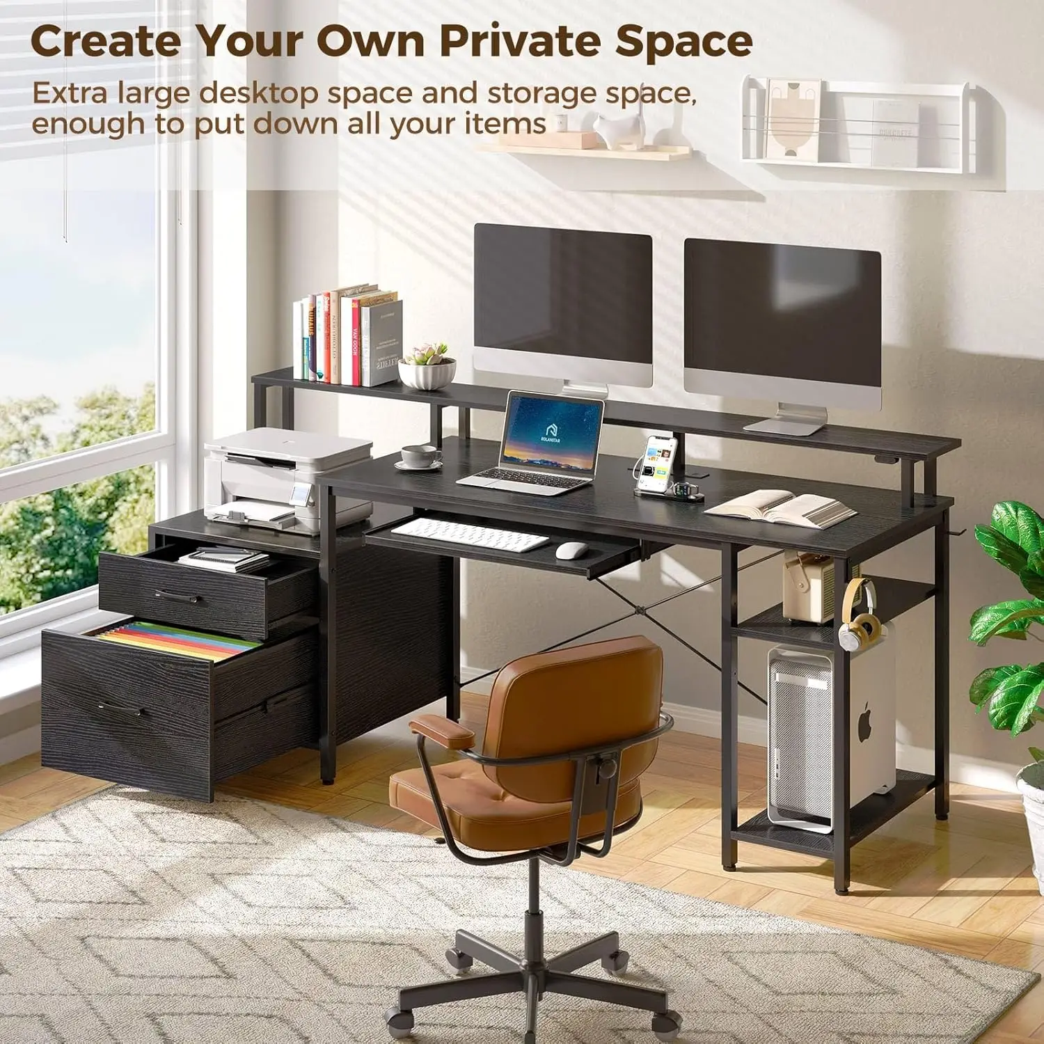 Rolanstar Computer Desk 59"" With File Drawer, Gaming Desk With Led Light & Power Outlets, Home Office Desk With File Cabinet &