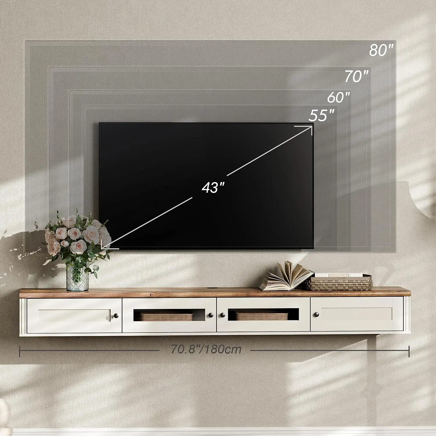 Wooden Floating TV Stand with Storage Cabinet for TVs to 80 Inch, Wall Mounted Entertainment Center for Living Room, Customized
