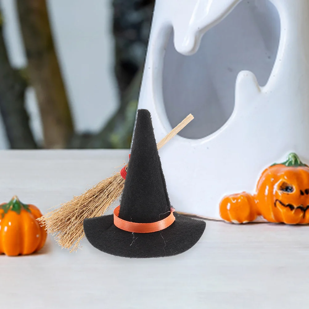 1 conjunto de chapéus de bruxa em miniatura, mini chapéu de halloween, decoração de vassoura, suprimentos de artesanato de bruxa minúscula, decoração de festa de micro paisagem