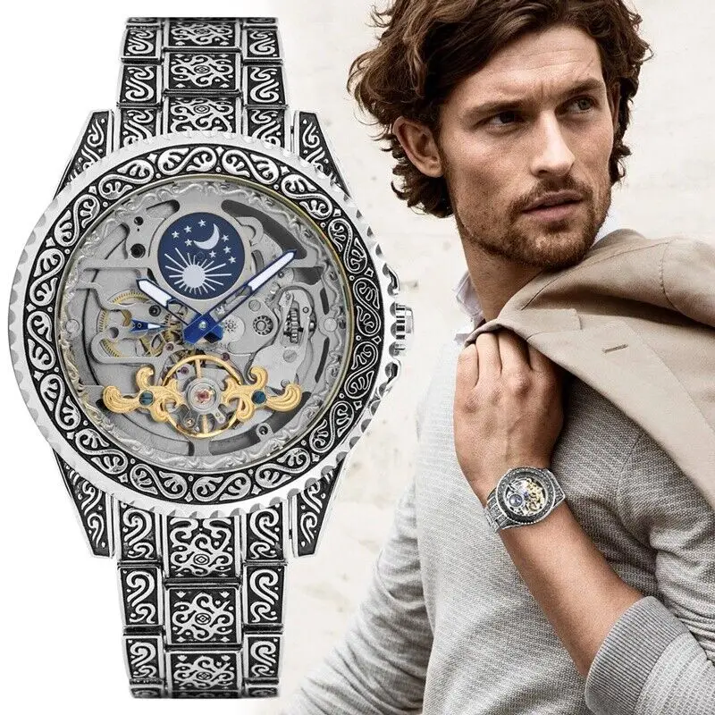 Forsining Men's Stainless Steel Strap Hollow Carved Tourbillon Automatic Mechanical Watch Luxury Brand