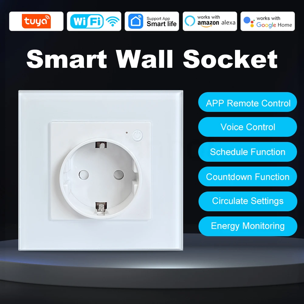 

Tuya Wi-Fi Smart EU Socket Стеклянная панель Электрические розетки 16А с монитором мощности Приложение Smart Life Голосовое управление Alexa Google Home