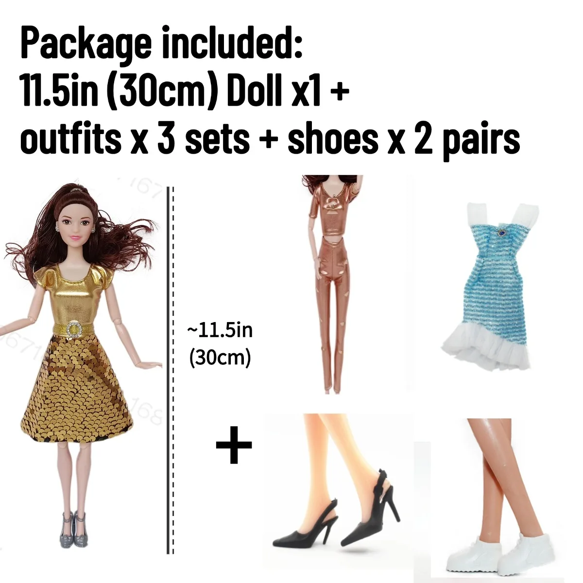 BJD Doll 11.5in 30cm with Outfits x3 sets and Shoes x 2 pairs - Movable Figure Model DIY Best Girl Gift Child Toys