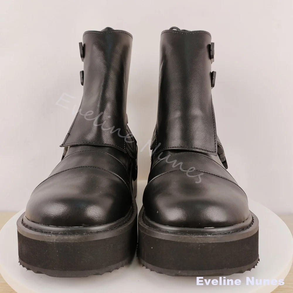 Men Gothic Multi Buckle Platform Ankle Boots Black Faux Leather Cutout Wedge Thick Sole Punk Height‑Up Motorcycle Cosplay Boots