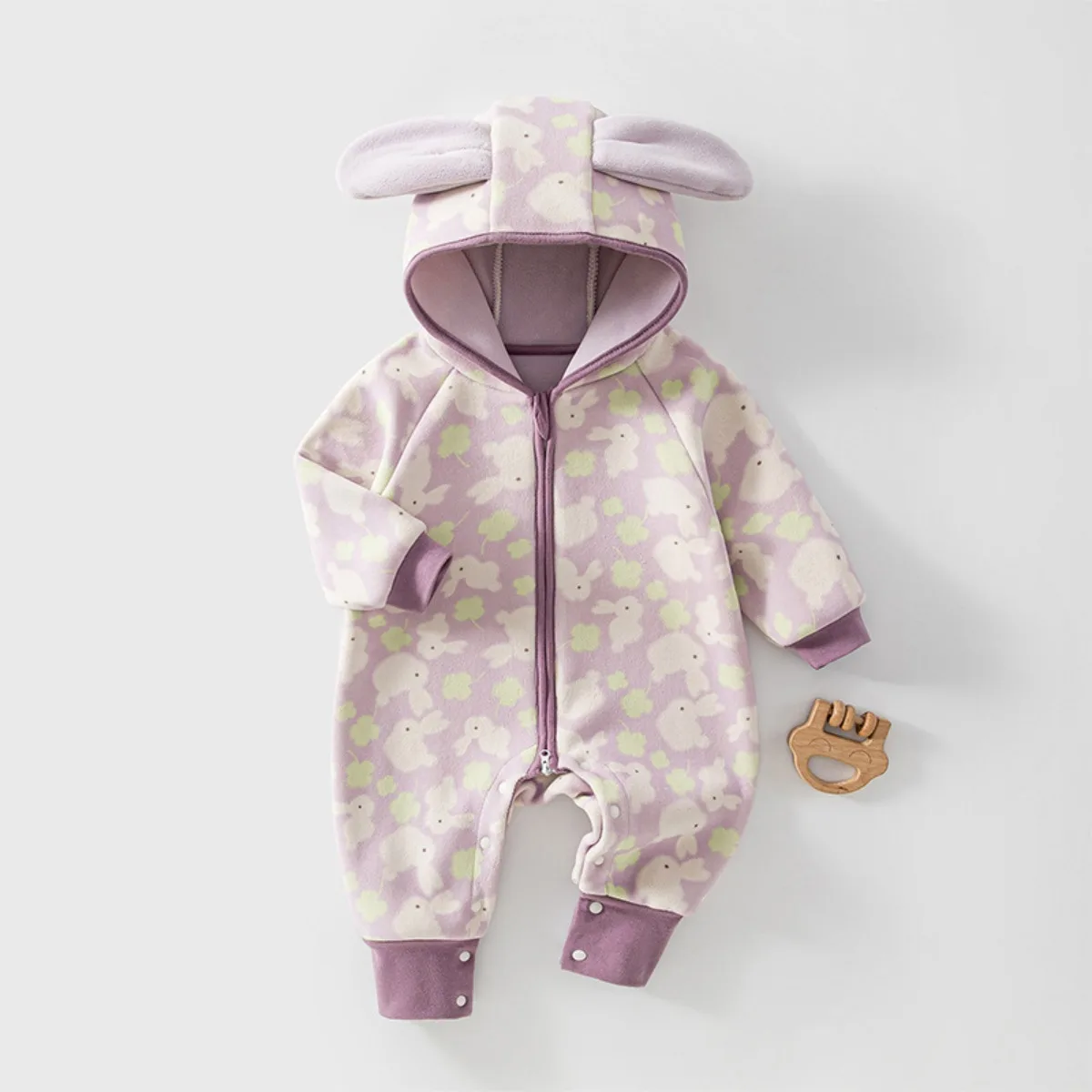 Cute 3D Bunny Ear Hood Baby Romper Warm Fleece Lined Autumn Winter Onesie Double Zipper Newborn Infant Jumpsuit Unisex 6-18M