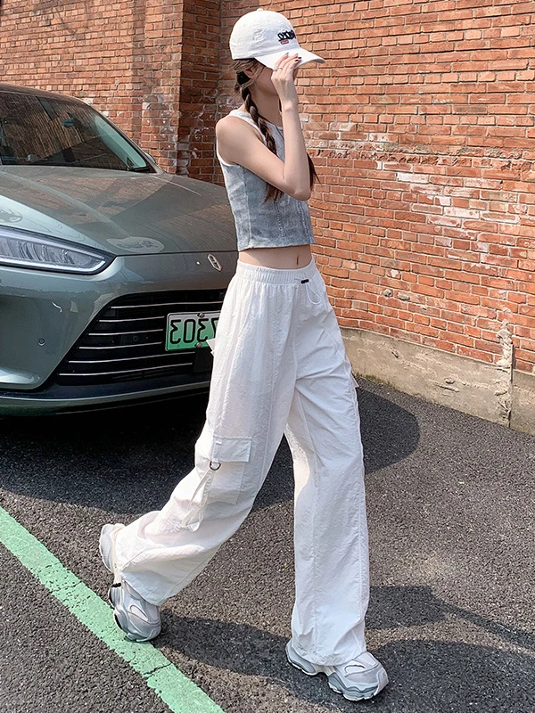 Pantaloni da lavoro da donna bianchi primavera autunno sottili a vita alta gamba dritta taglia piccola casual Qui Dry sport pantaloni a gamba larga