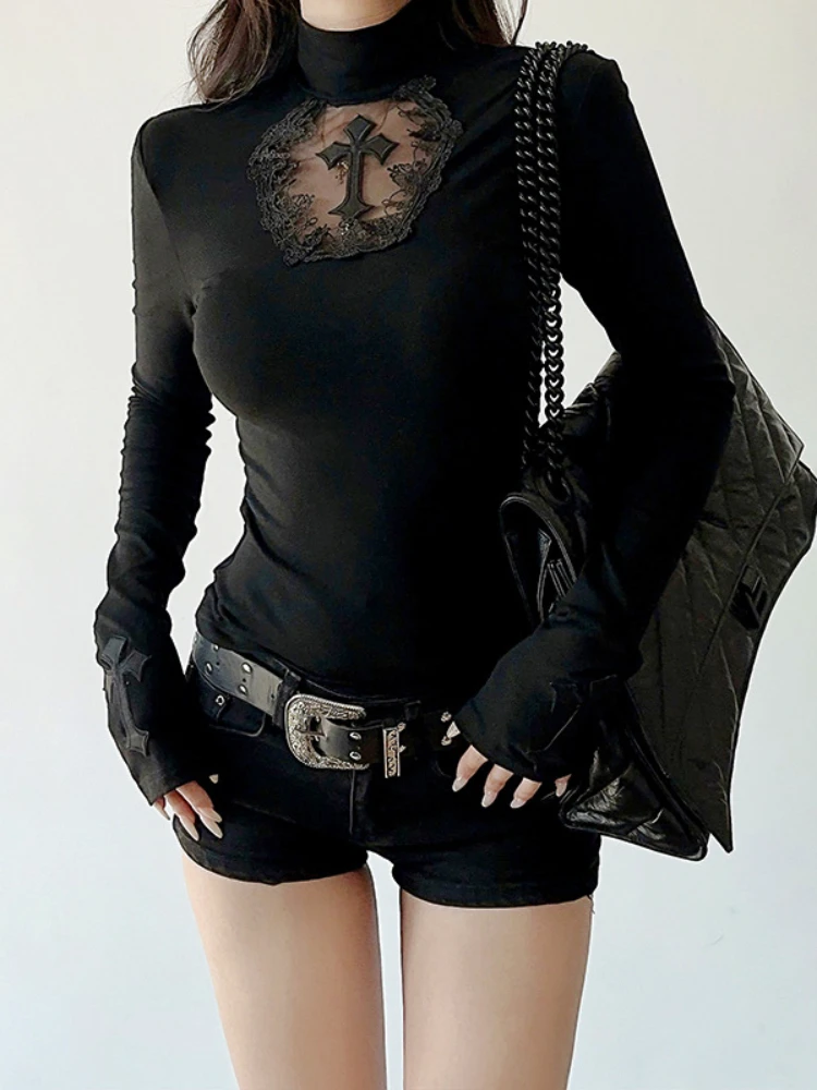 Gothic T-Shirt Cross Y2k Women Sweater Hollow Harajuku Turtleneck Pullover Japanese Fashion Slim Autumn Black Sweater Sexy