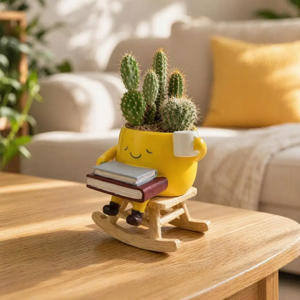 Drainage Hole Flower Pot Resin Planter Chair Plant Pot with Smiling Face Resin Planter with Drainage Hole Cute Indoor for Home