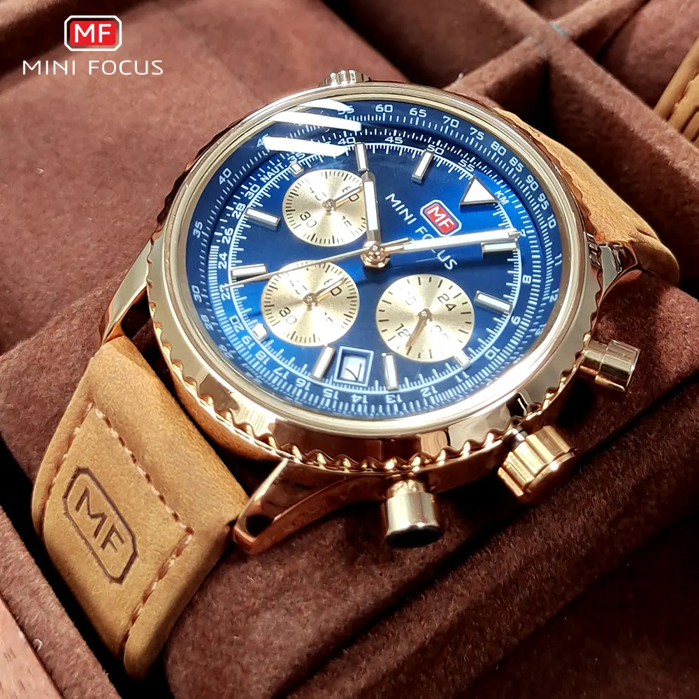 

MINI FOCUS Blue Dial Chronograph Watches Men Brown Leather Strap Waterproof Quartz Wristwatch with Luminous Hands Auto Date 0463