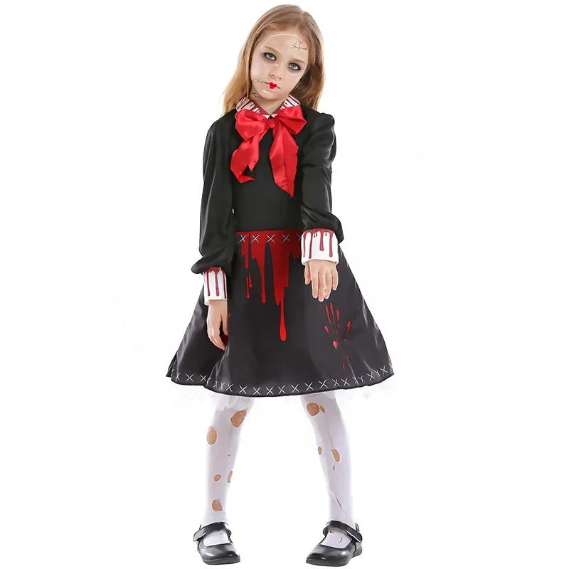 Miedo de disfraces de Halloween para adultos y niños, disfraz de muñeca fantasma de Zombie sangriento, vestido gótico para niñas y mujeres