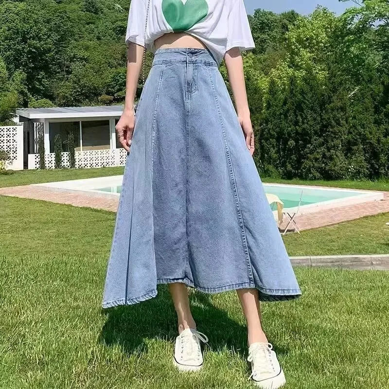 Womens High Waist Pleated A-Line Denim Midi Skirt Elastic Waist Drapey Umbrella Skirt Summer Casual Jean Skirt For Petite Ladies