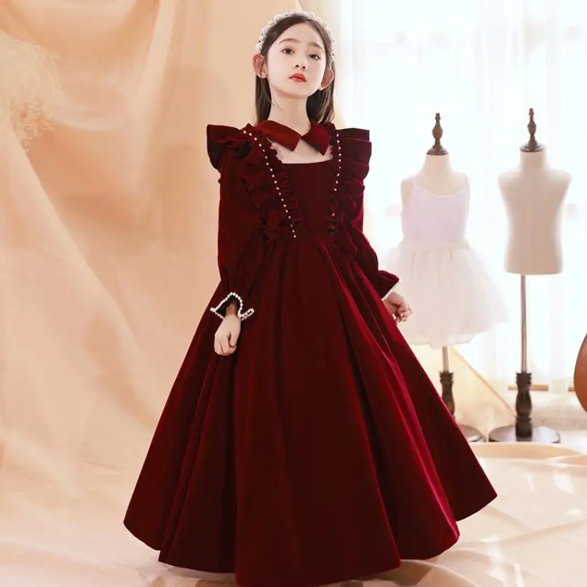 2024 New Baby Baptism Velvet Evening Gown Kids Host Wedding Birthday For Puff Sleeves Frocks Girls Formal Elegant Dresses A3395