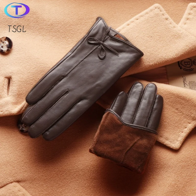 Bowknot  Women's Gloves Genuine Leather Winter Warm Fluff Woman Soft Female Gloves Women Fashion Winter Autumn Short Mittens