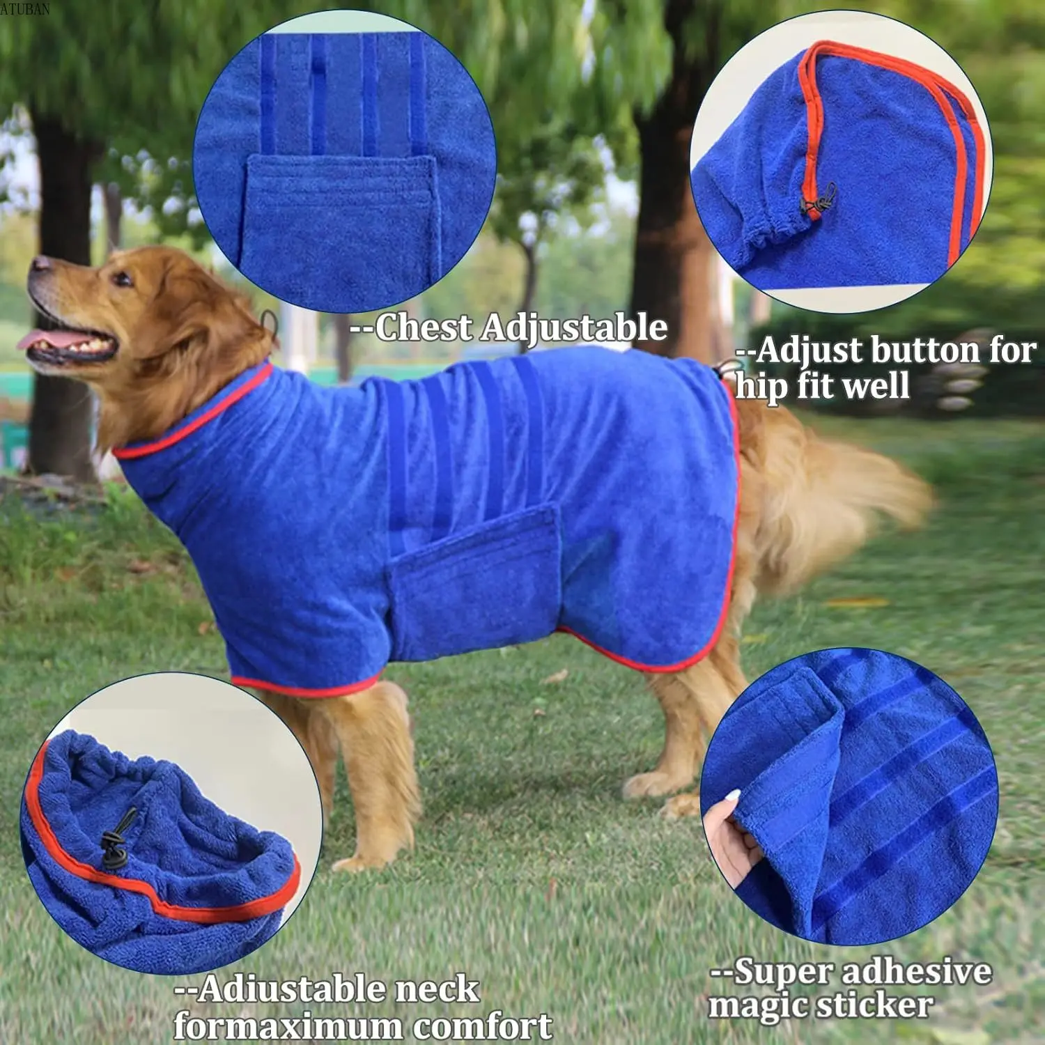 ATUBAN Dog Drying Coat-Fast Drying Dog Towel Robe-Adjustable Collar&Belly Strap Fast Drying Coat Pet Dog Cat Bath Robe Towel