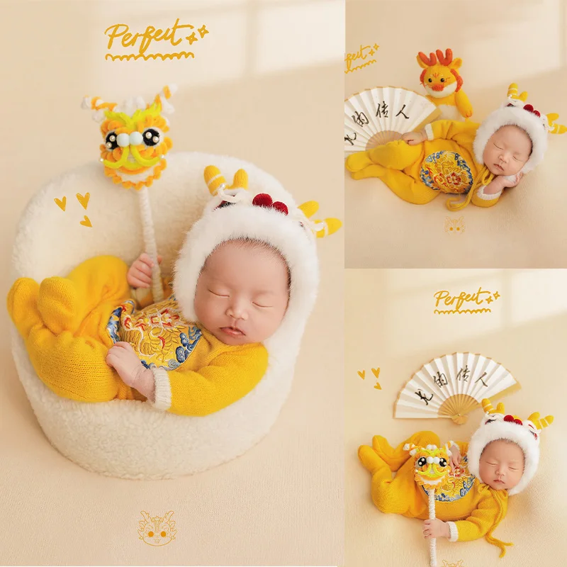 Baby Photography Props Costume Accessories Yellow Chinese Dragon Theme Jumpsuit Hat Dragon Doll Props Studio Photoshoot Outfits