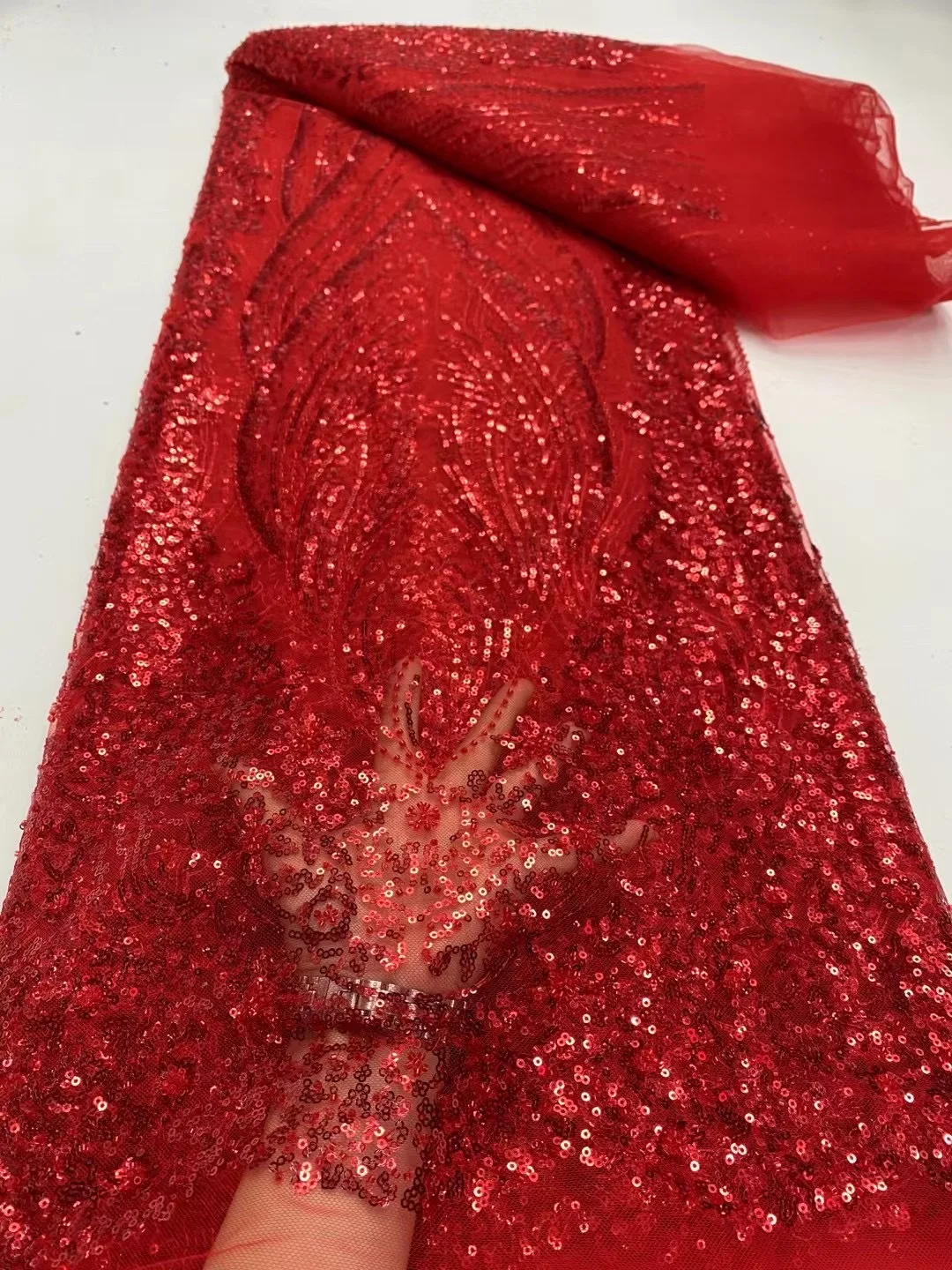 

Red Sequins Lace Fabrics 2025 Latest African Lace Fabric Sequence beads French Lace Fabric Embroidery High Quality Net Lace