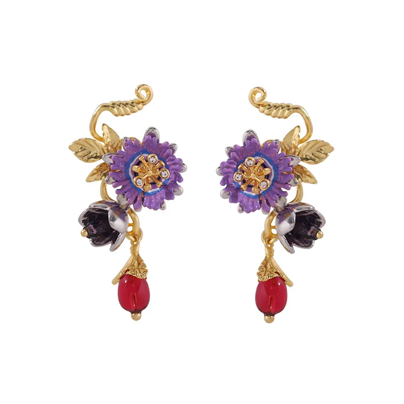 

Rural Series Bohemia Style Passionflower Purple Flowers Red Glass Beads Dangle Tassels Rattan Tentacles Stud Earrings for Women