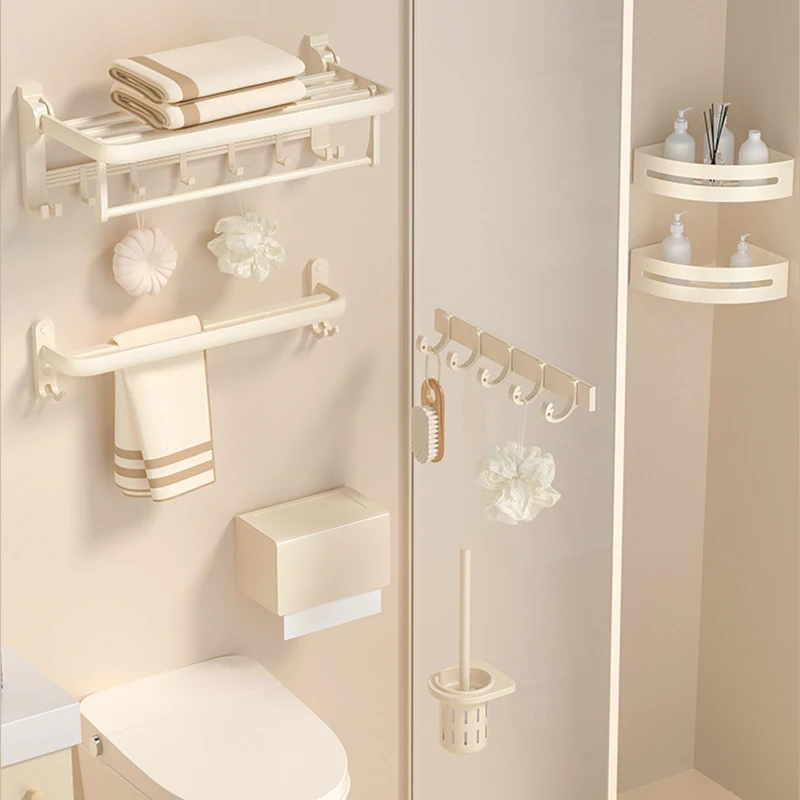 Cream style towel rack no punching bathroom bath towel shelf toilet pendant five-piece set toilet toilet