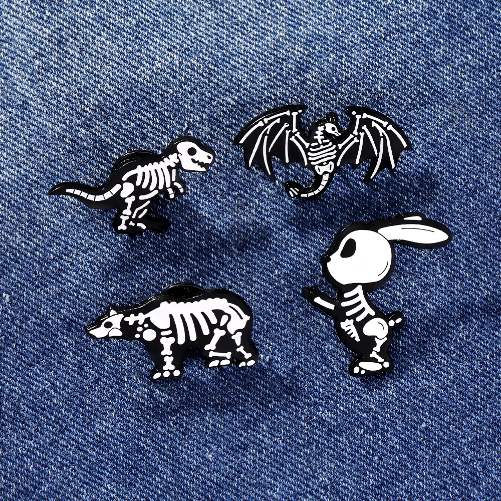 4Pcs/Set Personality Skeleton Animals Series Pins Skull Rabbit Dinosaur Bear Pterosaur Enamel Brooches For Bag Clothes Jewelry