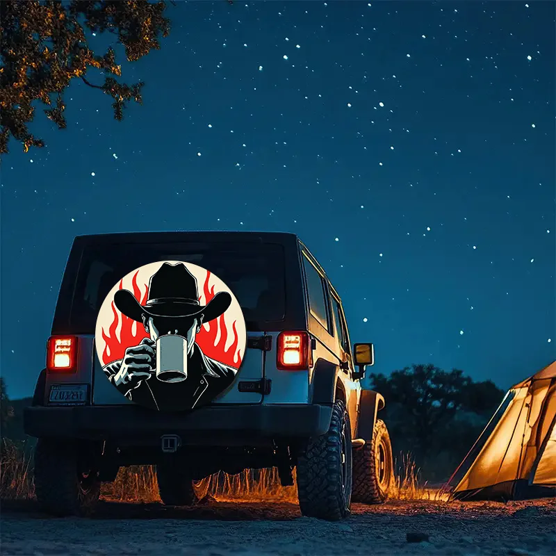 Cowboy Coffee Flame Graphic Spare Tire Cover Durable Polyester Vehicle Protector Outdoor Accessory