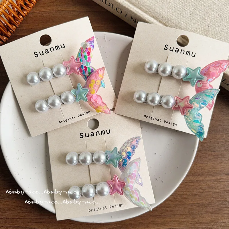 Hair Clips Metal Mermaid Princess Pearl Sequin Colorful Sweet Side Bangs Non Slip Gentle Grip for Girls Kids Daily Party Travel