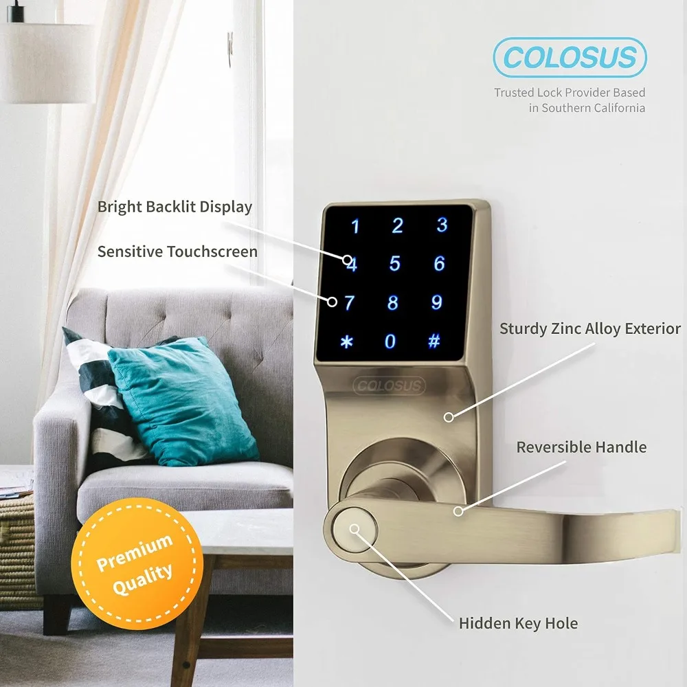 COLOSUS NDL319 Electronic Trusted Digital Keyless Door Lock for Home & Office Security, Touchscreen – 50 User Codes + 4 Key Fobs