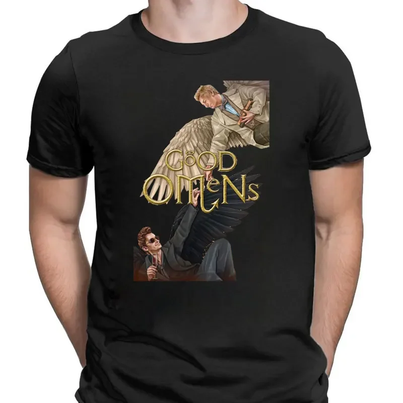 Men  Printed Funny Vintage T-Shirts O-neck Short Sleeve Tops Unique Streetwear Good Omens Tee Shirt Ineffable T Shirts