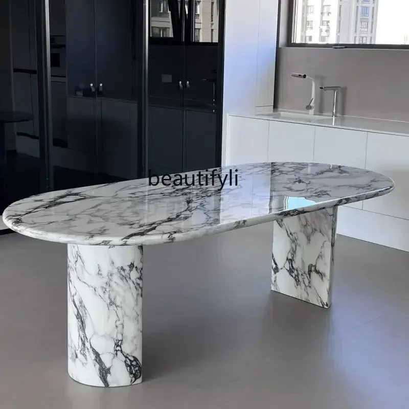 

Французский мраморный обеденный стол в минималистичном стиле, большой белый стол в стиле лёгкой роскоши, скандинавский дизайнерский овальный обеденный стол 2005 года.
