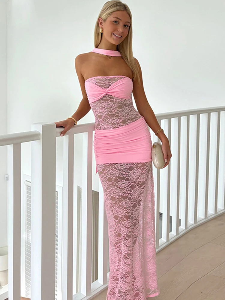 Sibybo ストラップレスレースパッチワークマキシドレス女性の夏のスラッシュネックノースリーブバックレスシャーリングボディコン衣装薄手のパーティードレス