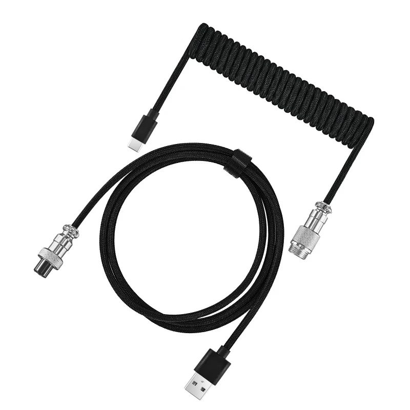 Coiled Keyboard Cable Type C to USB-A, Detachable Metal Aviator Connector, Double Sleeved Braided Wire, Durable Data Line