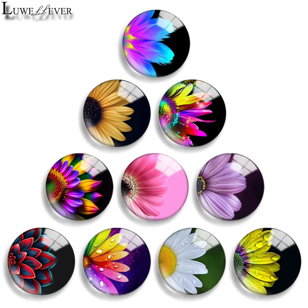 12mm 10mm 20mm 25mm 30mm 40mm 877 Daisy Mix Round Glass Cabochon Jewelry Finding 18mm Snap Button Charm Bracelet