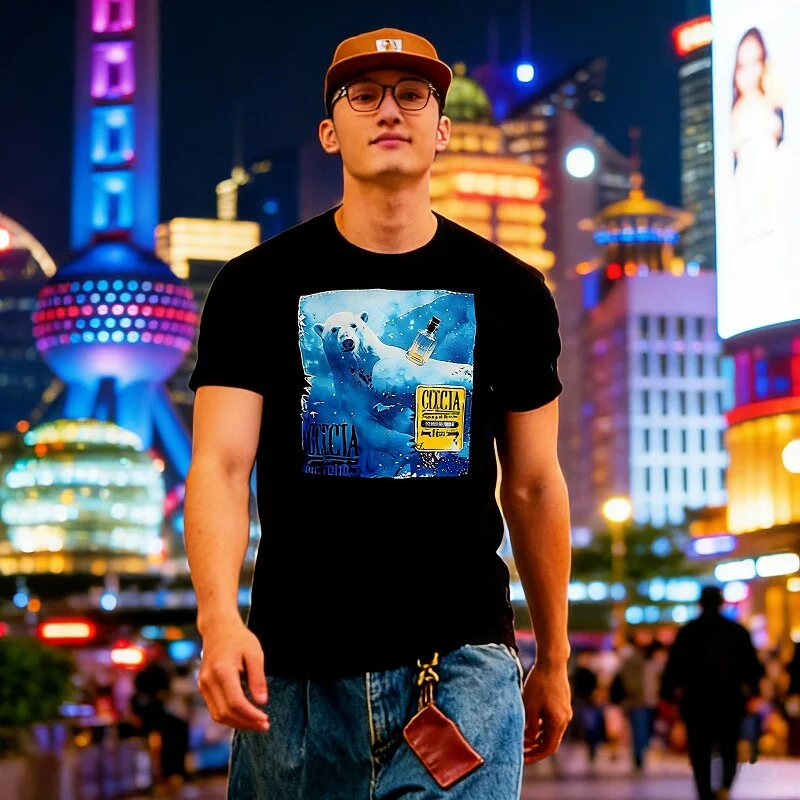 Hong Kong Style American Polar Bear Print Men's Short Sleeve T-Shirt European Station Trendy Brand New 2026