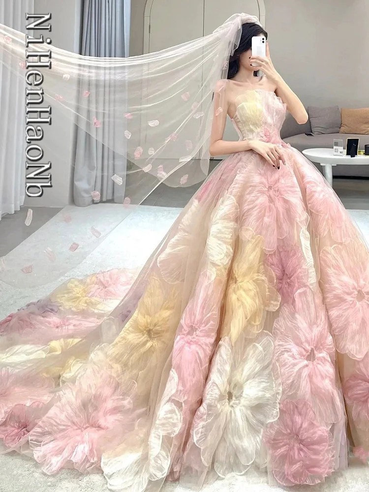 Gaun Quinceanera Gaun Pesta Malam Tanpa Tali Pink Gaun Bunga Vestidos De 15 Años