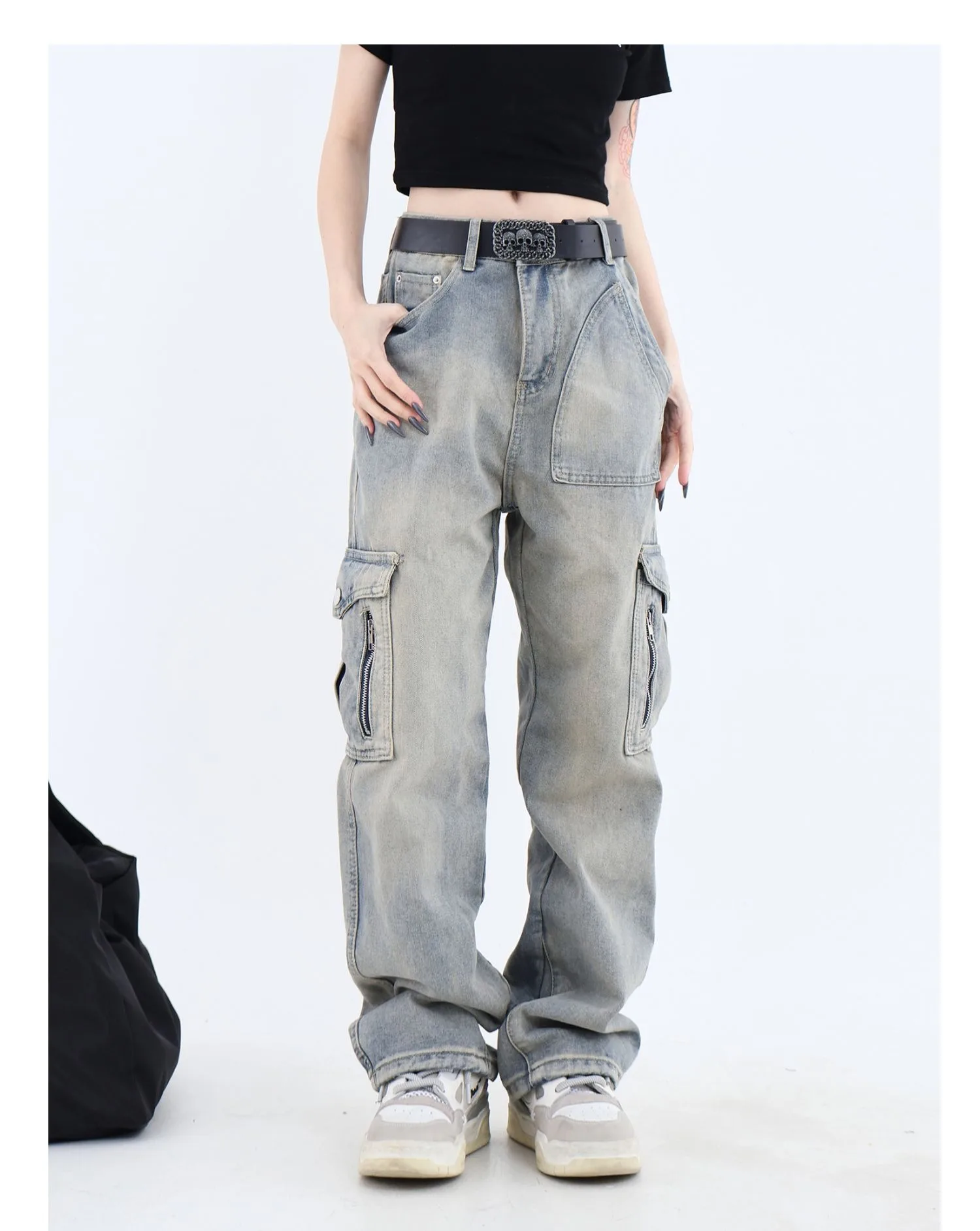 

Blue Cargo Pants Women Casual Hippie Denim Trousers Baggy Low Waist Mom Jeans Women Vintage Y2k 90s Grunge Streetwear