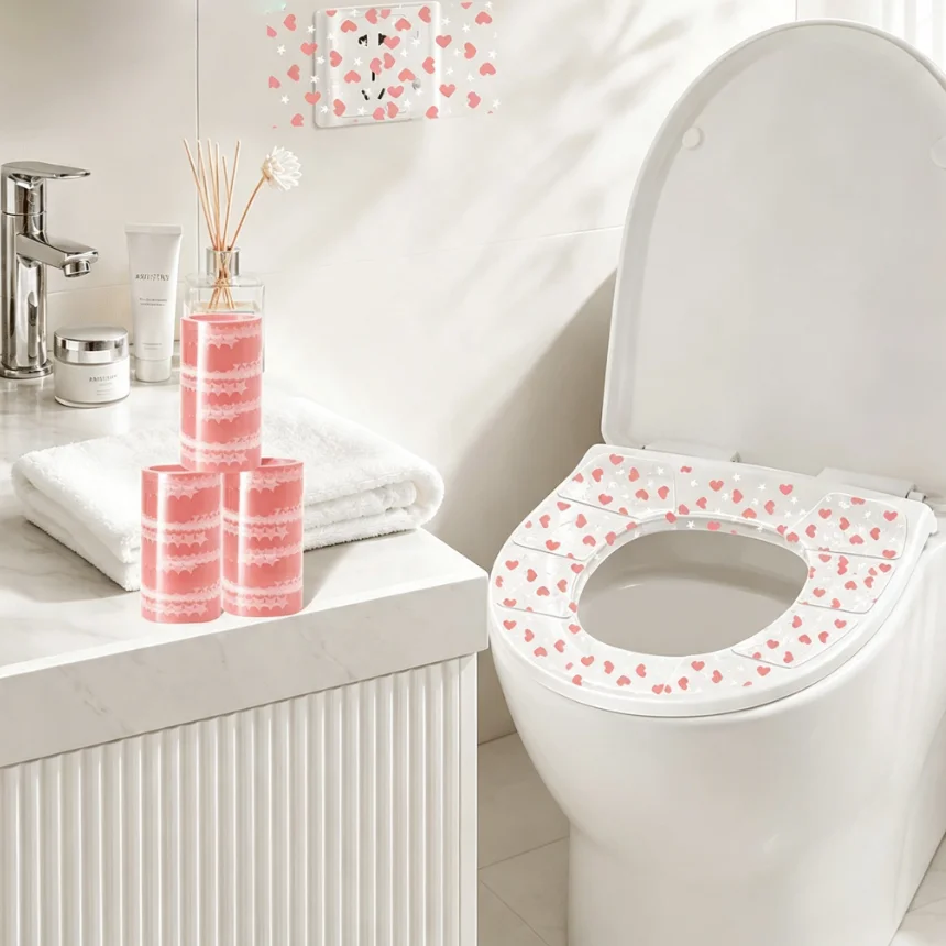 Heart Print Hygiene Protective Film for Germophobes, Travel Toilet Seat Cover, Sanitary Barrier for Toilet, Bathtub, Faucet