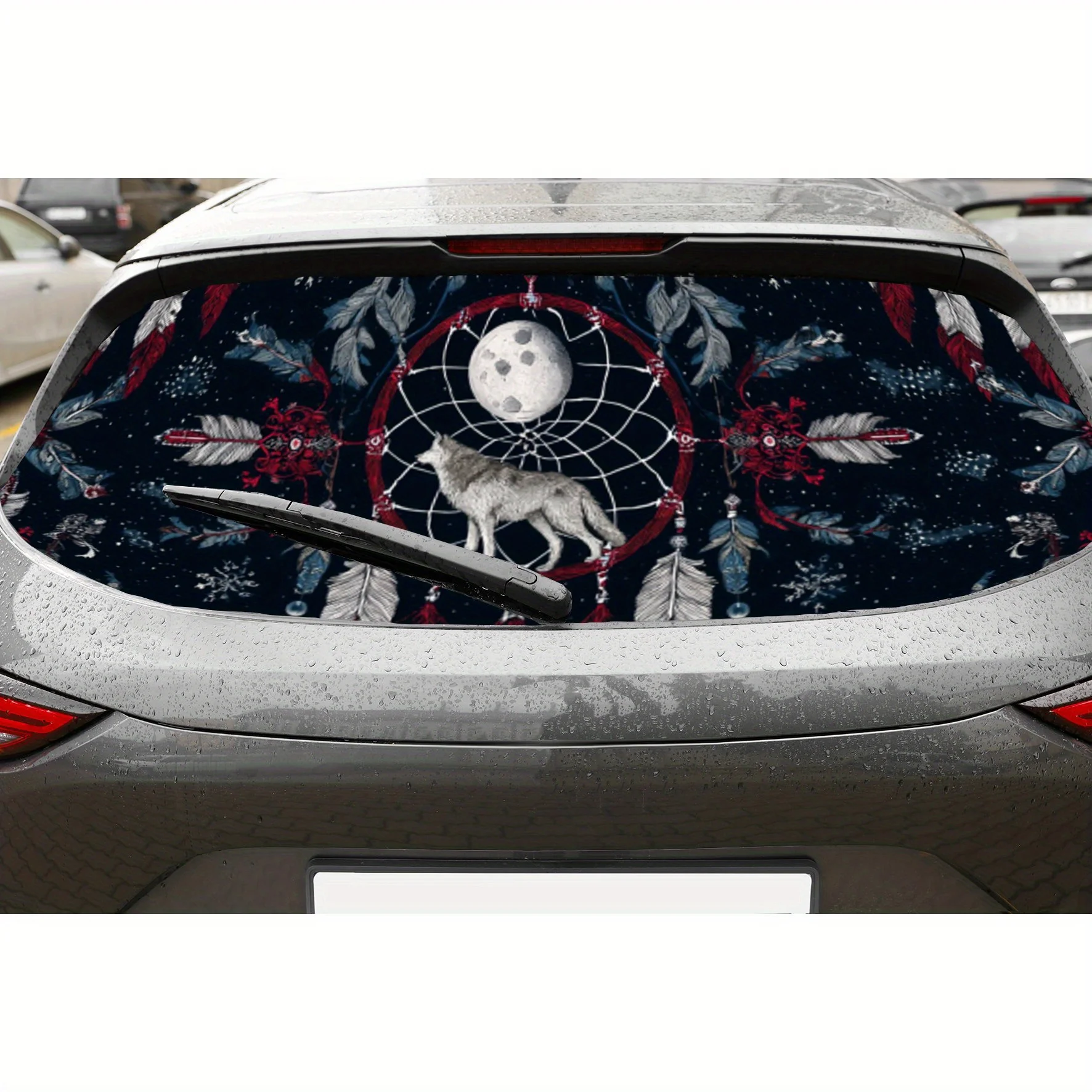 

Красно-белая виниловая наклейка «Ловец снов» с волком на заднее окно автомобиля, модная автонаклейка, водонепроницаемая самоклеящаяся и противоскользящая