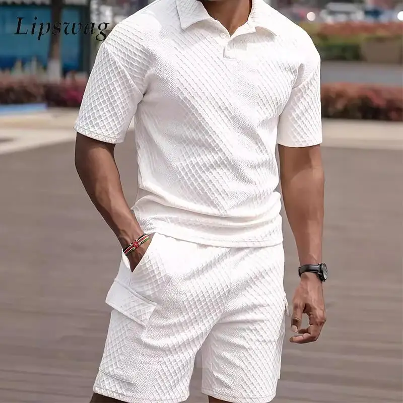 

Vintage Two Piece Sets Mens Casual Short Sleeve Polo Shirt And Shorts Outfits Men 2024 Summer Fashionable Plaid Jacquard Suits