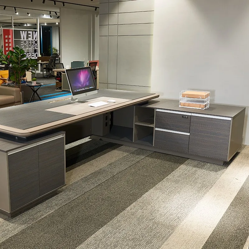 Wholesale Modern MDF Executive Office Desk With Side Cabinet Storage Cable Box 5 Year Warranty Factory Direct Light Luxury