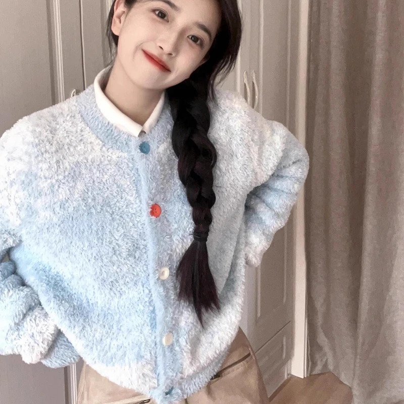 Blue Cardigans Sweater Women Spring Autumn Coloured Button Knit Tops Loose Versatile O-neck Knitting Coats Female