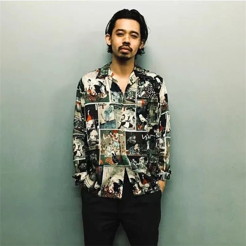 WACKO MARIA Tide High-end Hundred Ghosts Night Night Ukiyo-e Mens Womens Cuban Neck Long Sleeve Shirt