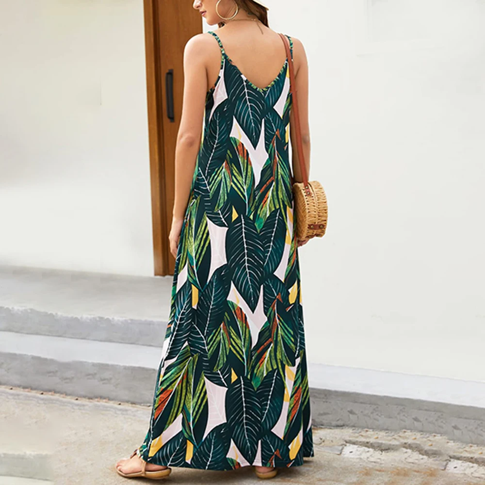 Casual Women's Floral Printed Bohemian Sundress Summer Sleeveless Spaghetti Strap Maxi Dress Sexy Ladies Halter Beach Long Dress