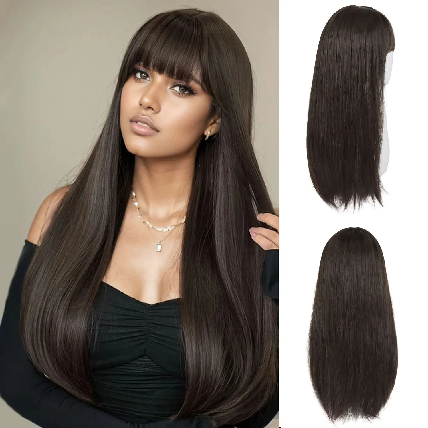 

24 Inch Women's Synthetic Silky Long Straight Dark Brown Wig Heat Resistant Wig with Bangs Hair Wigs for Women Daily Cosplay