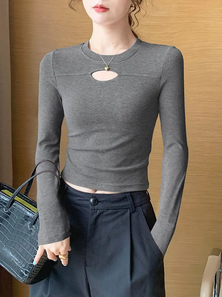 Short Round-Neck Base Layer Long-Sleeve T-Shirt Women Fitted Openwork Simple Casual Versatile Ribbed Top Soft Stretchy