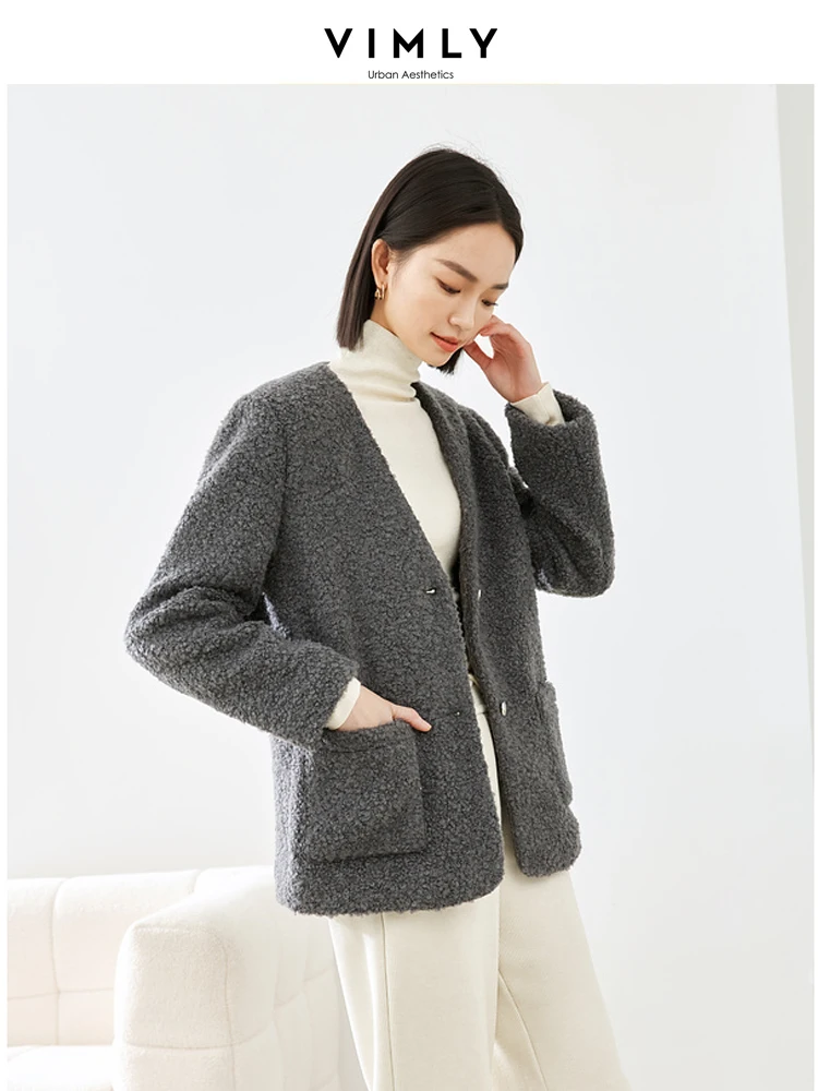 

Vimly 2023 Winter Thick Warm Grey V-neck Quilted Jacket Single Breasted Straight Loose Wool Coat for Women Overcoat Female M5319