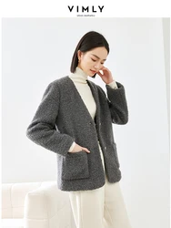 Vimly 2023 Winter Thick Warm Grey V-neck Quilted Jacket Single Breasted Straight Loose Wool Coat for Women Overcoat Female M5319