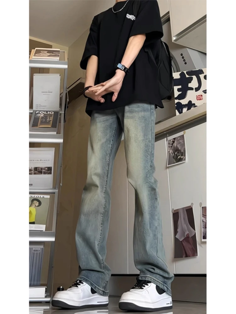 レトロブルースリムフィットメンズジーンズハイウエストロング丈ウォッシュアメリカンスタイルジーンズベルボトムユーストレンドコットンポリエステルブレンド