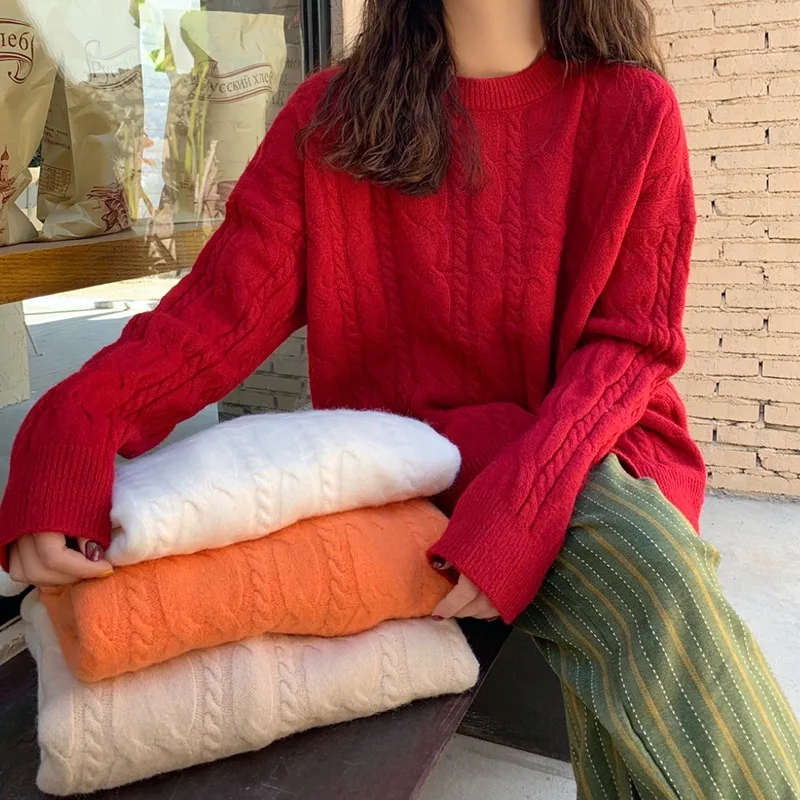 

Свободный женский вязаный свитер, весна-осень, корейский винтажный длинный свек, круглый топ на каблуке, модный