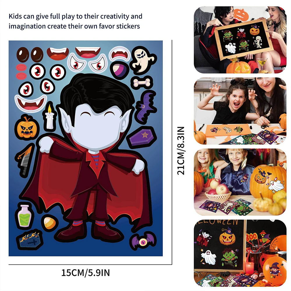 6/12Sheets Make a Face Halloween Puzzle Sticker Toy DIY Pumpkin Ghost Assemble Jigsaw Kids Educational Game Children Party Favor