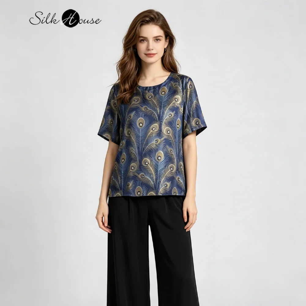 2026 Women's Fashion Summer New Heavy 100% Natural Mulberry Silk Song Brocade Feather Printed Round Neck Short Sleeve T-shirt