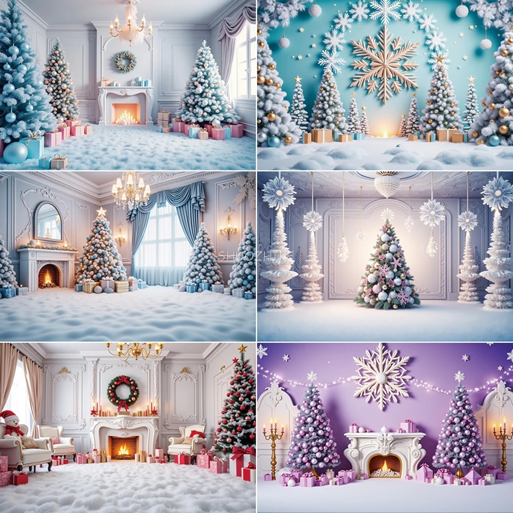 Pink Christmas Background Photography Balls Trees Fireplace Photo Backdrop Children's Studio Photocall Accessories